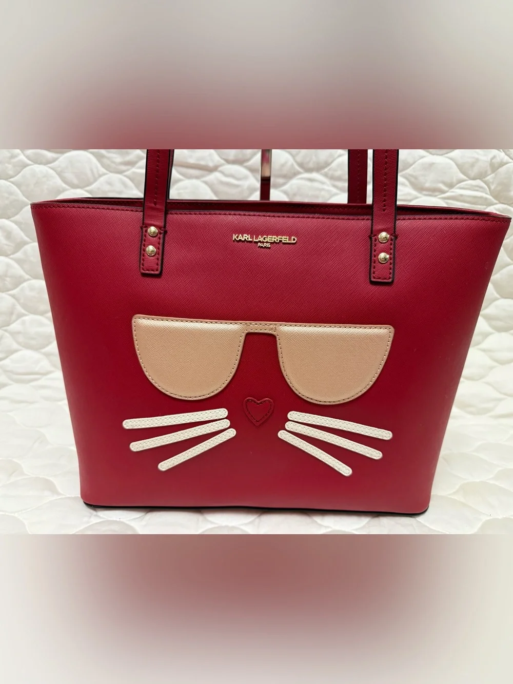 Karl Lagerfeld Large Red Tote with Cat Sunglasses Motif